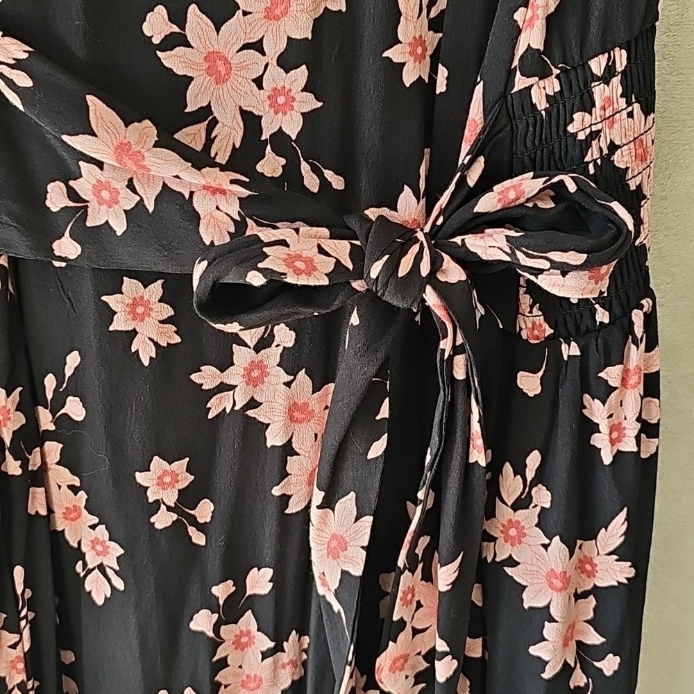 Loft Black Pink Floral Sleeveless Tie Waist Smocked Shift Midi Dress XL - Picture 2 of 6